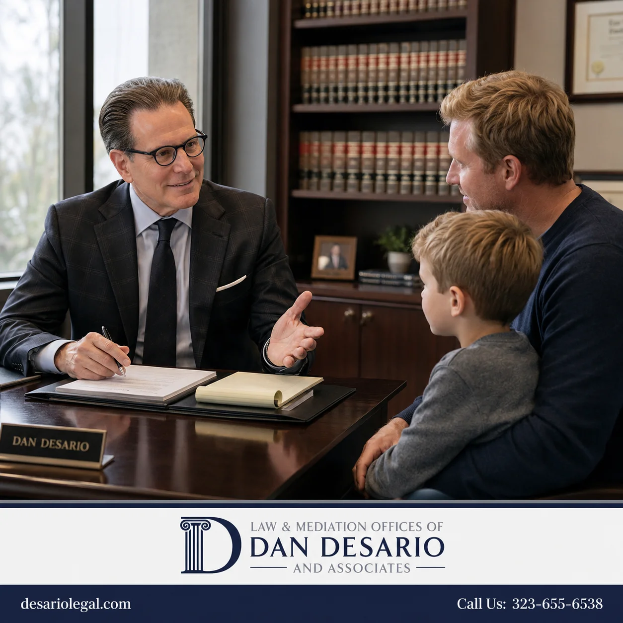 Family law attorney in Beverly Hills consulting with a father and his young son in a professional law office.